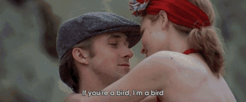a man and a woman are hugging and the woman is saying if you 're a bird i 'm a bird
