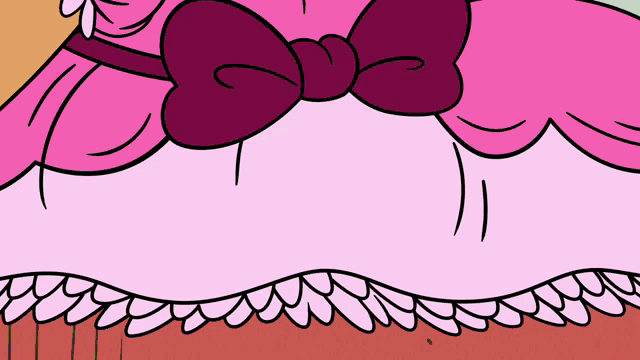 a close up of a cartoon character wearing a pink dress with a bow