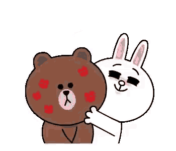 a brown bear and a white rabbit are hugging each other and kissing .