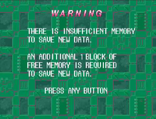 a video game screen shows a warning that there is insufficient memory to save new data
