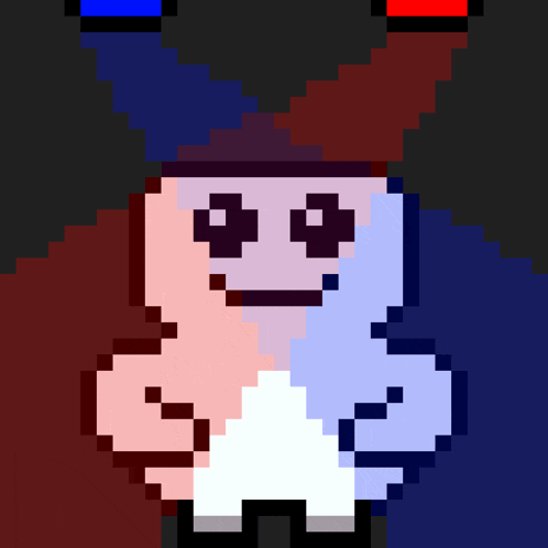 a pixel art drawing of a cartoon character with a red and blue hat