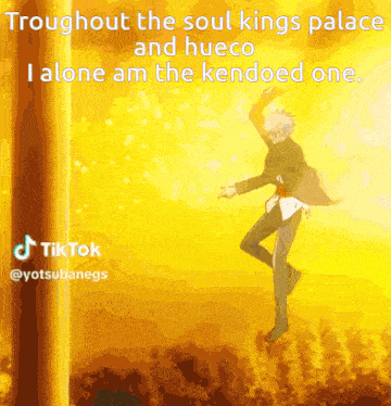 a man in a suit is dancing in front of a yellow background with the words troughout the soul kings palace and hueco