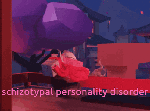 a cartoon character with the words schizotypal personality disorder on the bottom