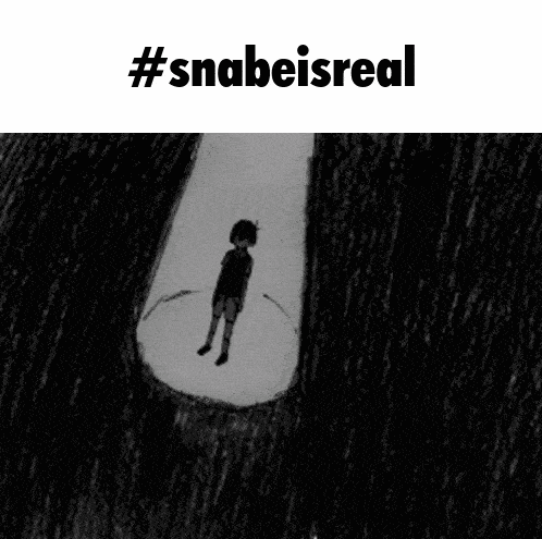 a black and white drawing of a boy covering his face with his hands and the words #snabeisreal above him