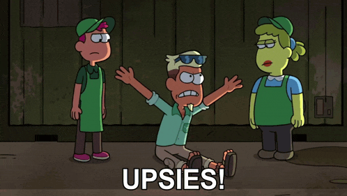 a cartoon shows a man kneeling down with the word upsies written on the bottom