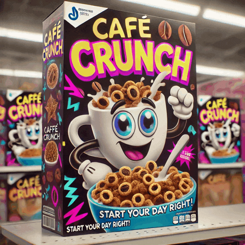 a box of cafe crunch cereal is sitting on a store shelf