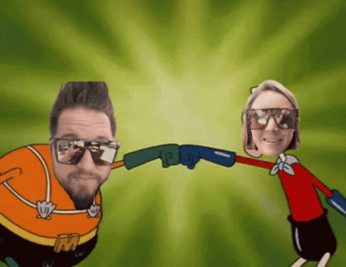 a cartoon of a man and a woman giving each other a fist bump with a green background