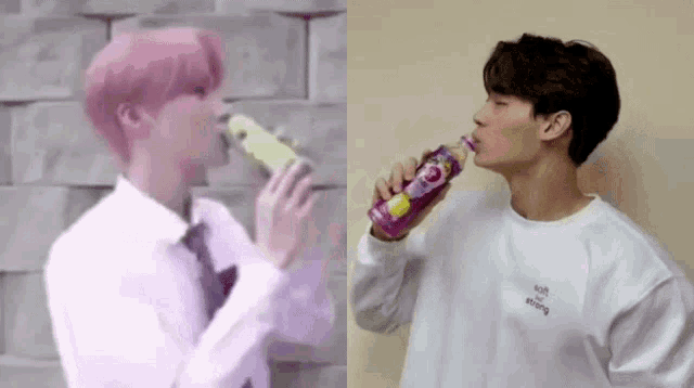 a man with pink hair is drinking from a bottle next to a man with black hair drinking from a bottle .