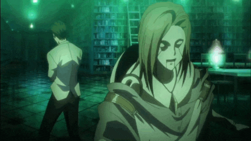 a man in a white shirt is standing next to a man with long hair
