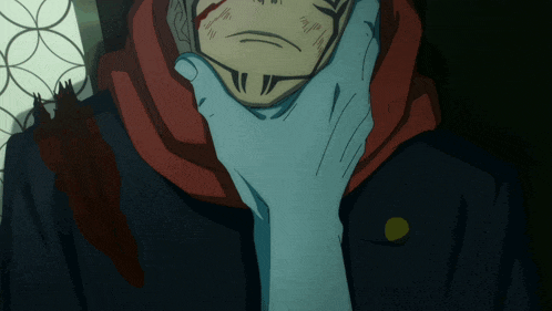 a blue hand is holding a man 's neck in a cartoon