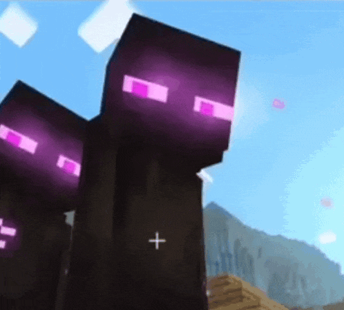 a couple of minecraft characters with purple eyes are standing next to each other in front of a blue sky .