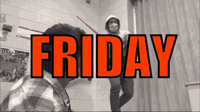 a man in a mask is standing in front of a wall with the word friday on it