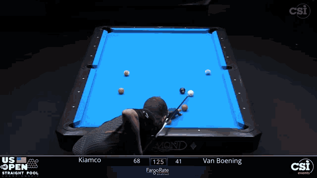 a man is playing pool on a blue diamond table