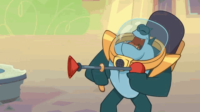 a cartoon character wearing a helmet and holding a hose