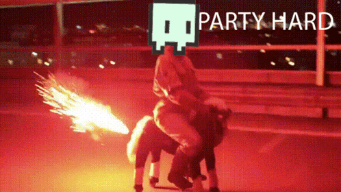 a person riding a pony with a party hard logo on the top