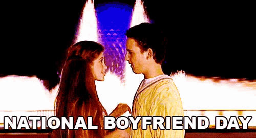 a poster for national boyfriend day with a man and a woman looking into each other 's eyes