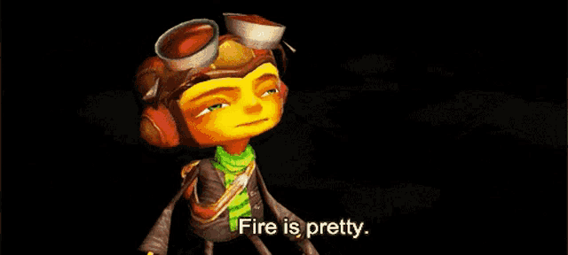 a cartoon character from a video game is talking about fire .