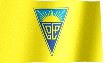a yellow flag with a blue triangle with the letter pp in it