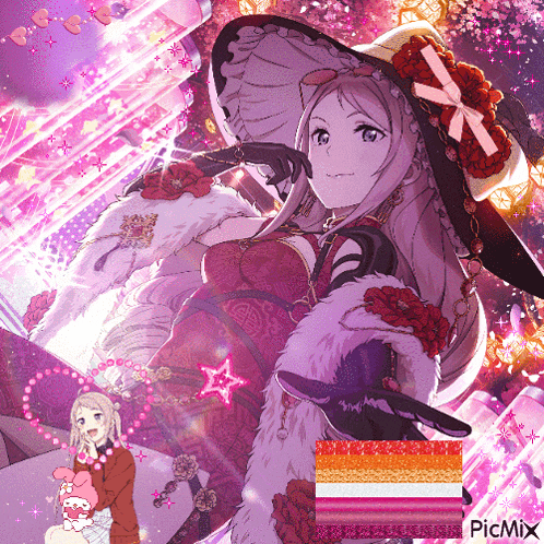 a picture of a girl in a witch costume with a lesbian flag in the corner