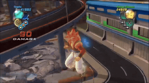 a screenshot of a video game with gogeta and omega shenron on the screen