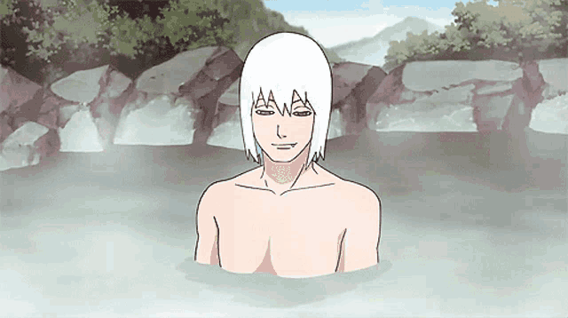 a cartoon character with white hair is taking a bath in a hot spring