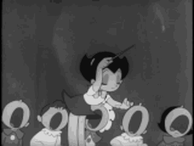 a black and white cartoon of a group of children standing around a girl .