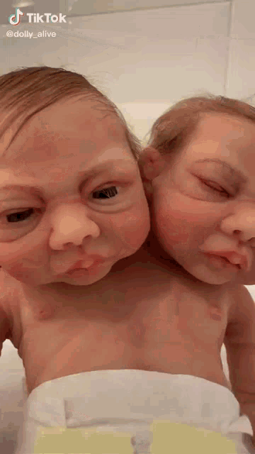 a baby doll with two heads is laying next to another baby doll .