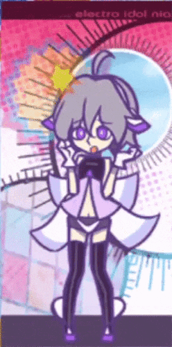 a cartoon of a girl with purple eyes and the words electro idol mia on the bottom right
