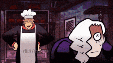 a cartoon of a man in a chef 's hat and apron standing next to another man with a purple shirt