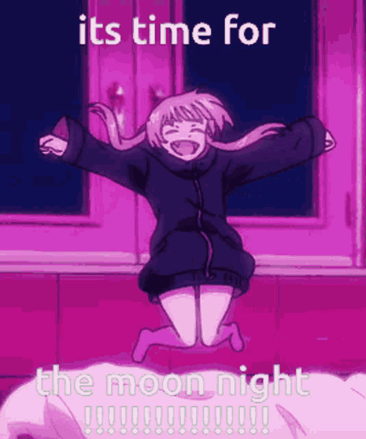 a girl is jumping in the air with the words its time for the moon night written below her