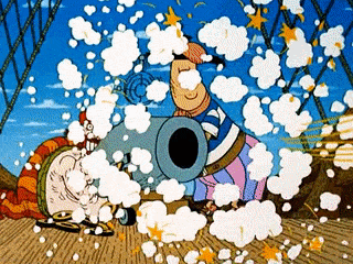 a cartoon of a pirate shooting a cannon with a lot of smoke coming out of it