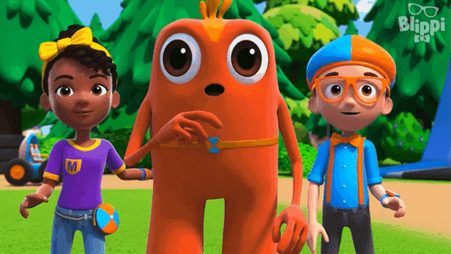 a group of three cartoon characters are standing next to each other in a park .