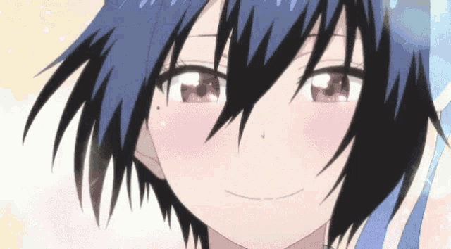 a close up of a anime girl with black hair and red eyes