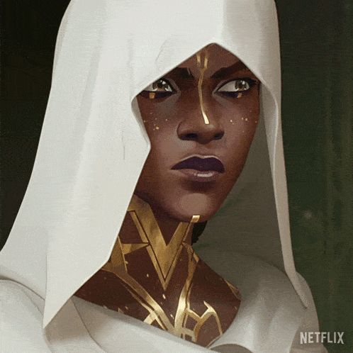 a painting of a woman with a white hood and a netflix logo