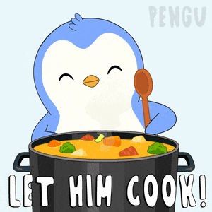 a penguin is holding a spoon in a pot of soup with the words let him cook below it
