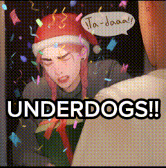 a man wearing a santa hat is holding a gift with the words underdogs written below him