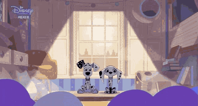 two dalmatian dogs are sitting in front of a window with a disney premiere logo on the bottom