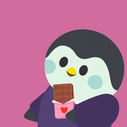 a penguin is holding a bar of chocolate in front of a heart
