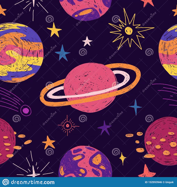 it is a seamless pattern with colorful planets and stars on a dark background .