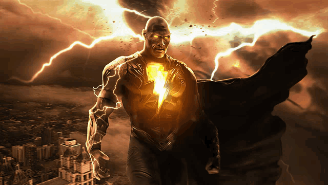 a superhero is standing in front of a lightning storm