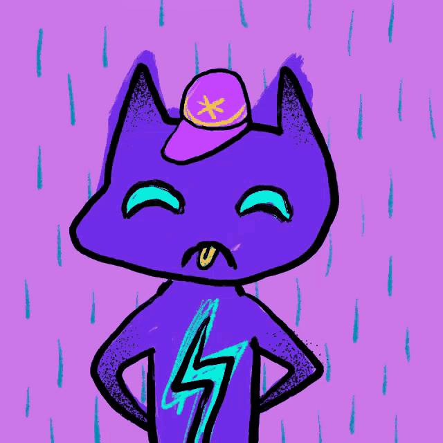 a cartoon drawing of a purple cat with a lightning bolt on his chest