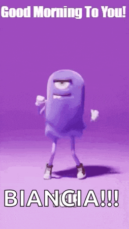 a cartoon character is dancing on a purple background and says `` good morning to you ! biancia !!! ''