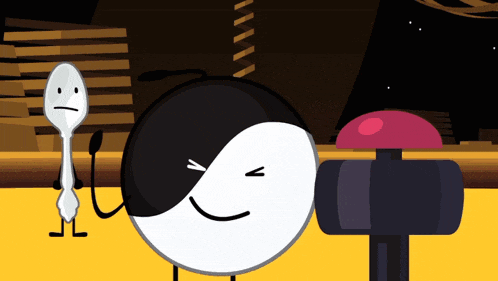 a cartoon drawing of a spoon and a yin yang ball