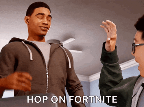 a man giving another man a high five with the words hop on fortnite written below him