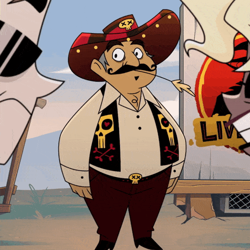 a man in a cowboy hat and vest stands in front of a sign that says live