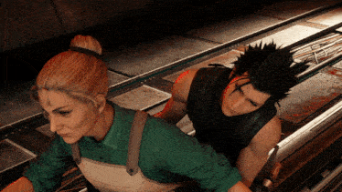 a man and a woman are standing next to each other on a conveyor belt