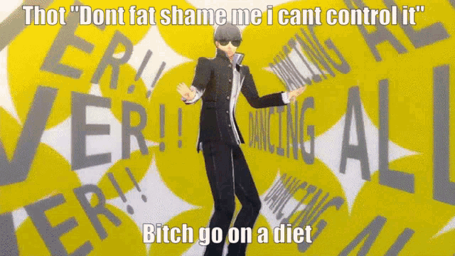 a man in a suit is dancing in front of a yellow background that says " thot "