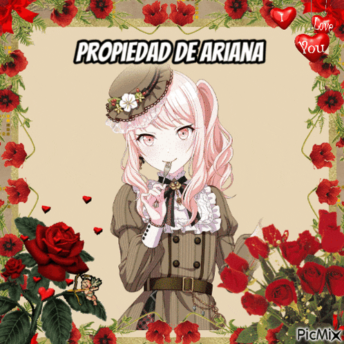 a picture of a girl surrounded by red roses with the words " propiedad de ariana " at the top