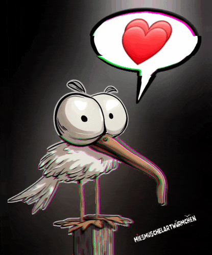a cartoon of a bird with a long beak and a heart in a speech bubble above it