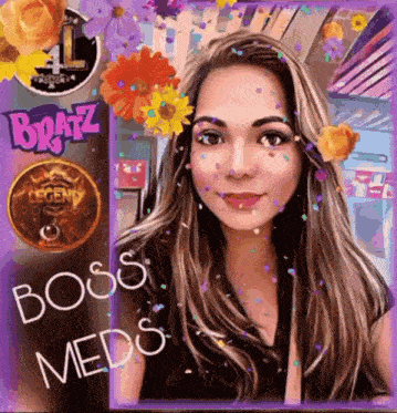 a picture of a girl with flowers in her hair and the words boss meds